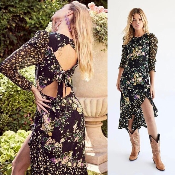 FOR LOVE & LEMONS Floral Long Sleeve Cutout Tie Back Ruched Ruffle Midi Dress XS - Picture 6 of 17